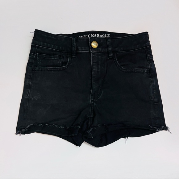 American Eagle Black High Rise Waisted Cuffed Shortie Jean Denim Shorts - Picture 1 of 11